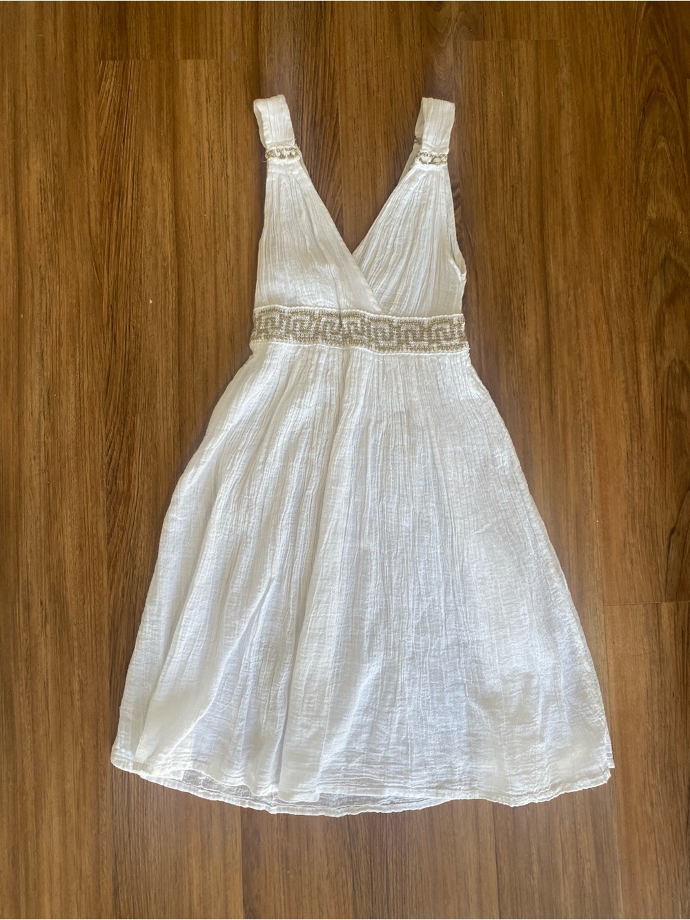 Made in Greece White Cotton Gauze Grecian Goddess Mini Dress Gold Embroidered
